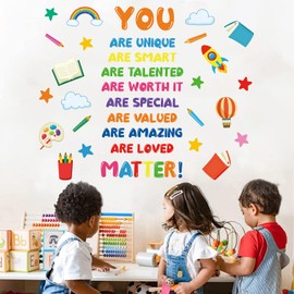 Inspirational Wall Decals for Kids Room – Motivational Wall Stickers with Rainbow, Stars & Clouds – Educational Quote Decor for Classroom or Playroom