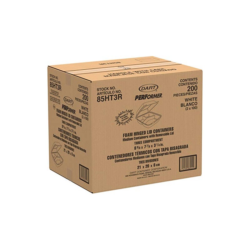 DART DART 85HT3R Med Perforated 3 Comp Foam Hinged Container,