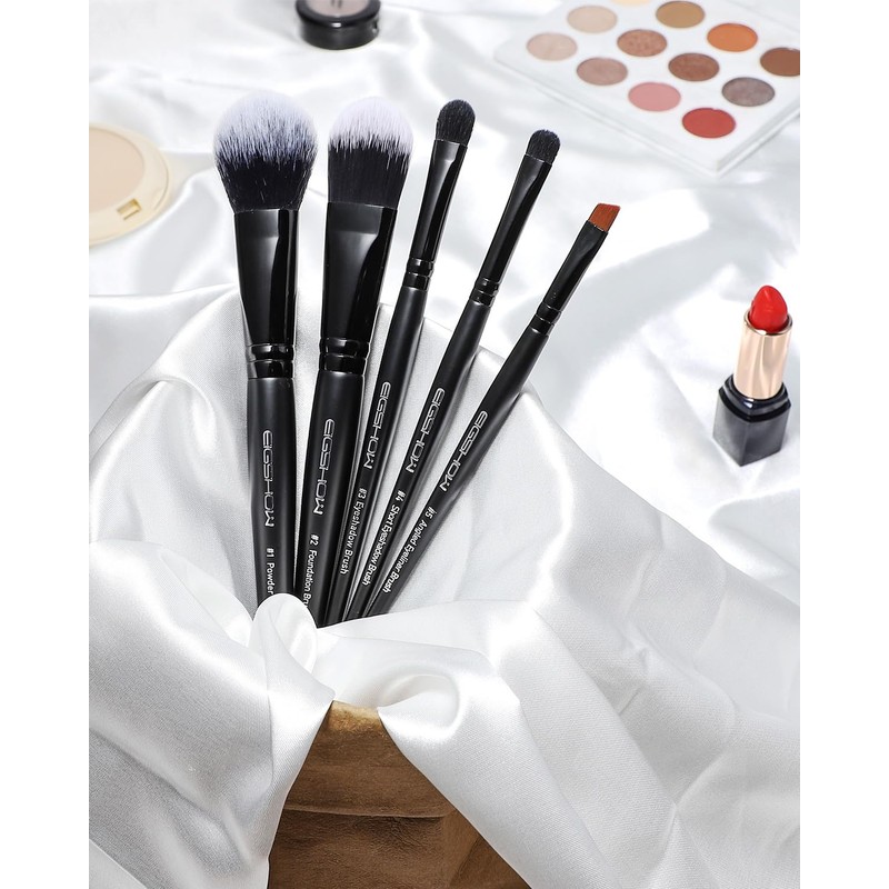 EIGSHOW メイクブラシ 5 本セット、必須メイクブラシ、毎日のメイクのための毎日のメイクブラシセット ファンデーションブラシ、アイシャドウブラシ、アイライナーブラシ(ブラック)
