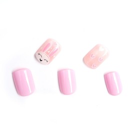 Bunny Square Press on Nails Short Glossy False Nail Kits with Easter Pink Heart Design Stick on Nails for Easter Gift Acrylic Fake Nails Sets for Women Girls 24pcs