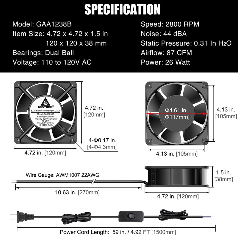 GDSTIME AXIAL Fan 12038, 110V 120V AC 120mm x 38mm