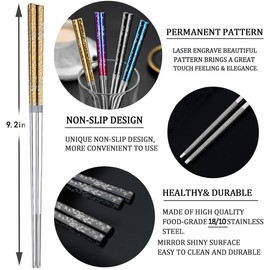 Metal Chopsticks With Case Stainless Steel Chopsticks Titanium Plated Reusable Chopstick lightweight Engraved Non-slip 18/10 Korean Japanese Chinese Chopstick,Dishwasher Safe 5 Pairs Set(BJ-Multi05)