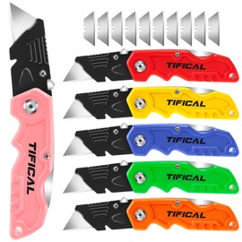TIFICAL Folding Utility Knife 6-Pack, Quick-change Box Cutter for Cardboard and Boxes, Box Cutter Knife with Metal Clip, Back-lock Design Heavy Duty Box Opener with Extra 10 Blades (6-Pack)