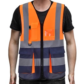 PB TECH Hi Vis Zipper Front High Visibility Reflective Vest Hi Vis Executive Jacket Vest Waistcoat ID & Multiple Pockets (Orange & Navy, XXXL)