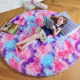 Amdrebio Hot Pink Rainbow Round Circle Area Rug 6Ft for Girls Bedroom, Large Fluffy Cute Fuzzy Colorful Pastel Kids Rugs for Nursery Playroom Classroom, Shag Princess Carpet for Baby Toddler Teen