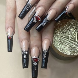 MISUD Press on Nails Long Coffin Fake Nails with Punk Designs Black French Tip Ballerina Acrylic Nails Glossy Glue on Nails 24 pcs Rhinestone False Nails