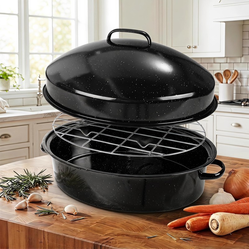 19.3" Large Roasting Pan with Rack and Lid, Granite Enameled