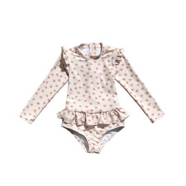 LDIOIF Girls Long Sleeve Swimsuits One Piece Rash Guard Bathing Suit with Ruffle Butt, Light Golden, 2-3T