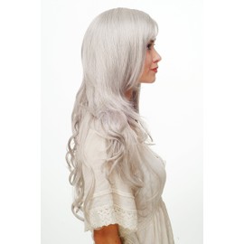 WIG ME UP - 9204S-51 Wig with White/Grey Mixed, Long, Beautifully Curly/Wavy Hair, Fringe and Side Parting, Approx. 70 cm