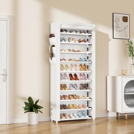 VTRIN Vertical Narrow Shoe Rack Organizer Tall Shoe Rack for Closet Entryway 10 Tier Non-Woven Cover Shoe Shelf Holds 36-41 Pairs Free Standing Shoe Storage Cabinet with Dustproof Cover, White