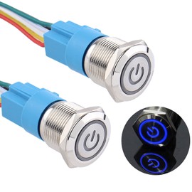 DMWD 2PCS 19mm Latching Push Button Switch 12V-24V On/Off 1NO 1NC Self-Locking Metal Silver Shell with Socket for 3/4" Mounting Hole Waterproof IP66 Power Symbol (Blue Led)