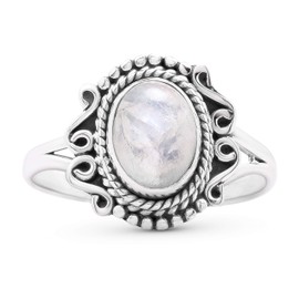 Koral Jewelry Oval Moonstone Ethnic Delicate Ring 925 Sterling Silver Vintage Tribal Gipsy Boho Look (6)