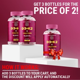 Vitamin D3 K2 Gummies 10000 IU with Calcium 100mg - VIT D3 for Adults - Mk7 Vitamin K2 100mcg - Vitamin D Supplement for Men & Women - Vegan Gluten Free Non-GMO