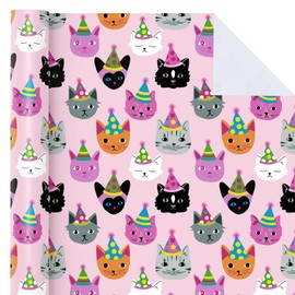WRAPAHOLIC Kitty Cat Wrapping Paper - Mini Roll - 17 Inch x 16.5 Feet - Pink Birthday Wrapping Paper Perfect for Kids Girls, Baby Shower, Cat Lover