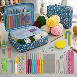58-Piece Crochet Starter Kit for DIY Yarn Projects – Blue Flower Storage Bag with Hooks & Needles for Beginners