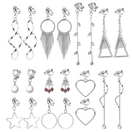 Hifot Women's / Girls' 10 Pairs Dangle Clip Earrings without Pierced Earrings, Long Earrings for Teenagers, Alloy Steel, Rhinestone Pearl