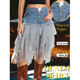 Kaei&Shi Denim Patchwork Skirt,Low Rise Jean Tulle Skirts for Women,2000S Goth Club Rave Outfit Blue 3X-Large