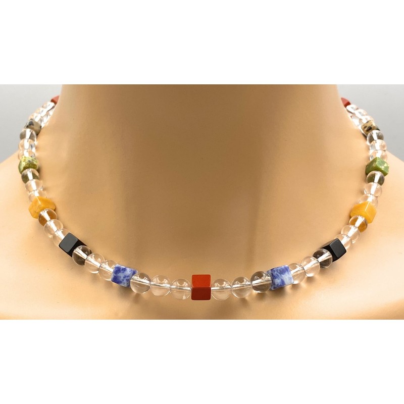 Rock Crystal Jewellery Necklace with Colourful Gemstone Cube Clasp 925