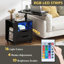 sogesfurniture Nightstand with Drawers and LED Lights, Bedside Table with Lamp, USB Charging Ports and Wheels, Height Adjustable Side Table Rolling End Table Overbed Table, Black