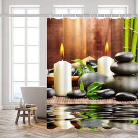 Yadshoti Polyester Fabric Shower Curtain Spa Decor by Bathroom Zen Garden Theme Decor View for Bathroom Magical Japanese Design Relaxation Bamboos Candles, Green Yellow 70 x 70 Inch with Hooks