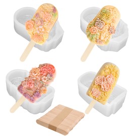 4 Pcs Popsicles Molds Flower Ice Cream Silicone Molds Floral Design Homemade Silicone Mold for Ice Cream Making