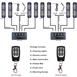 EASE2U E Led Strobe Lights for Trucks Vehicles Suvs, 12-24 8pcs Emergency Warning Caution Hazard Construction Ultra Slim Sync Car with Control Box Surface Mount (White Amber)