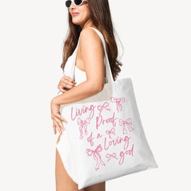ZYQFN Living Proof of a Loving God Tote Bag - Bow Christian Coquette Girly Faith Design - Cute Bible Verse Canvas Bag - Trendy Bags for Women, Teens. (156)
