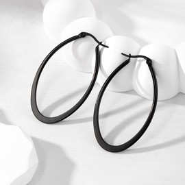 MengPa Oval Hoop Earrings for Women Stainless Steel Black Plated Lightweight Jewelry US1281B