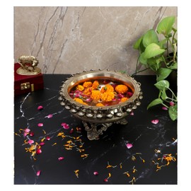 Two Moustaches Brass 8 Inch Urli Bowl on Ethnic Carved Legs, Decorative Bowl for Home Decor, Floating Flowers, Gifts for Housewarming, Pack of 1