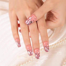 LOVFUL Press on Nails Pink Glitter| Handmade with Full Covered Crystals | Reusable Fake Nails | Square Regular 1.0 in | H60L