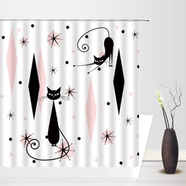 Abstract Mid Century Modern Shower Curtain Pink Black Retro Diamonds Starbursts Cute Cat Geometric 1950s 1960s Vintage Bathroom Decor Fabric Curtain with Hooks
