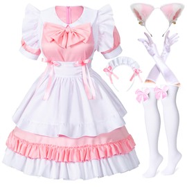 Irtysh Women Sweet Kawaii Costume Dress Anime French Maid Cosplay Furry Cat Ear Gloves Socks set(Pink XL)