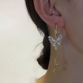 Cimenexe Bohemian Crystal Butterfly Tassel Dangle Earrings Gold Moonstone Butterfly Drop Earrings Long CZ Butterfly Earrings Rhinestone Tassel Chain Earrings Jewellery for Women, Zinc, No Gemstone