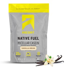 Ascent Casein Protein Powder - 25g Micellar Casein Powder with Zero Artificial Flavors & Sweeteners, Gluten-Free, No Added Sugar, 4.9g BCAA, 2.2g Leucine - Vanilla Bean, 2 Pounds