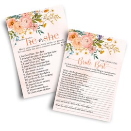 Boho Bridal Shower Games Bundle - He Said or She Said & Who Knows the Bride Best - 25 Double-Sided Cards with Floral Design for Engagement, Rehearsal Dinner Activities