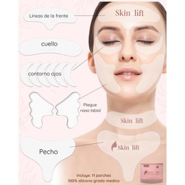 Skin Lift Parches de Silicona Grado Médico para Reducir Líneas de Expresión y Arrugas – Reutilizables, Transparente, Incluye 11 Piezas (para Frente, Cuello, Escote, Ojos y Líneas Nasolabiales) – Antiedad y Reafirmante de Piel