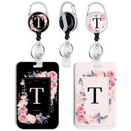 2 Pack A-Z Letter ID Badge Holder with Clip Badge Reels Retractable Heavy Duty,Keychain，ID Holder for School Nurse Office T