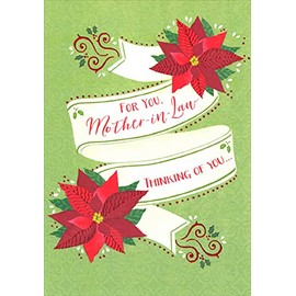 Designer Greetings 2 Poinsettias and White Scrolling Banner Mother-in-Law Christmas Card