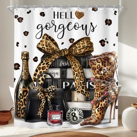 Cinbloo Brown Leopard Shower Curtain for Women 60Wx72H Cheetah Print Fashion Modern Luxury Magazine Books Perfume High Heels Girly Bathroom Curtain Set Trendy Stylish Girls Bathroom Accessories Decor