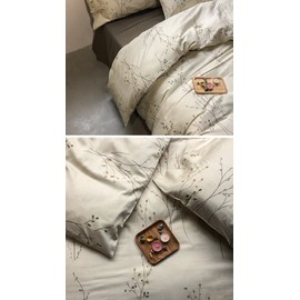 Eikei Modern Vintage Retro Mod Print Bedding Egyptian Cotton Duvet Cover Set Minimalist Chic Botanical Design Asian Zen Style Reversible Pattern in Full Queen or King Size (Queen, Neutral Tan)