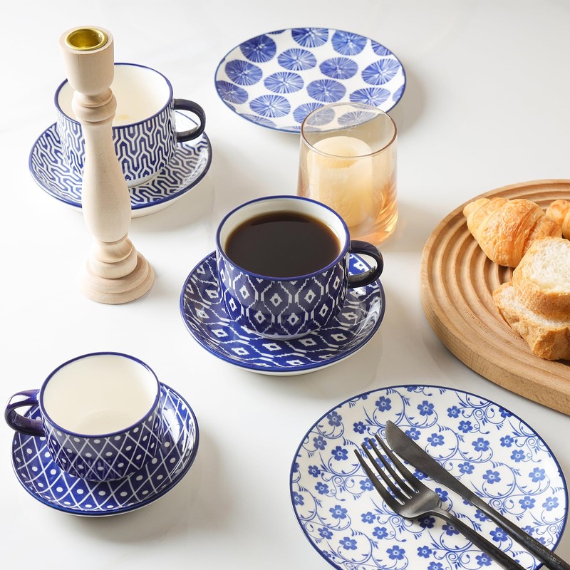Selamica Ceramic Cappuccino Cups with Saucers and Metal Stand, 8