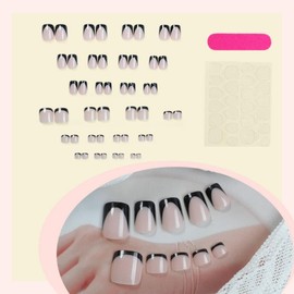 48Pcs Black French Tips Press on Toenails Pink Press on Nails Short Square Fake Nails with Designs Nude Pink Fake Toenails Full Cover Glossy Reusable Summer False Nails for Women Girls DIY Manicure