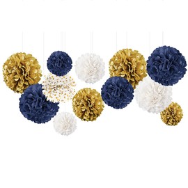 NICROLANDEE Navy and Gold Decorations - 12 PCS Navy Blue and Gold White Tissue Paper Pom Poms for Engagement Party, Wedding, Baby Shower, Graduation, Birthday, Gold Party Decorations