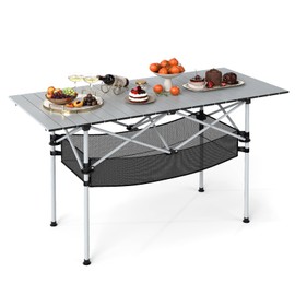 Giantex Folding Camping Table, Portable Picnic Table w/Aluminum Roll-up Tabletop & Mesh Basket, Outdoor Lightweight Table w/Carrying Bag for Backyard, Beach, Fishing, BBQ, Patio (47"x22"x27",Silver)