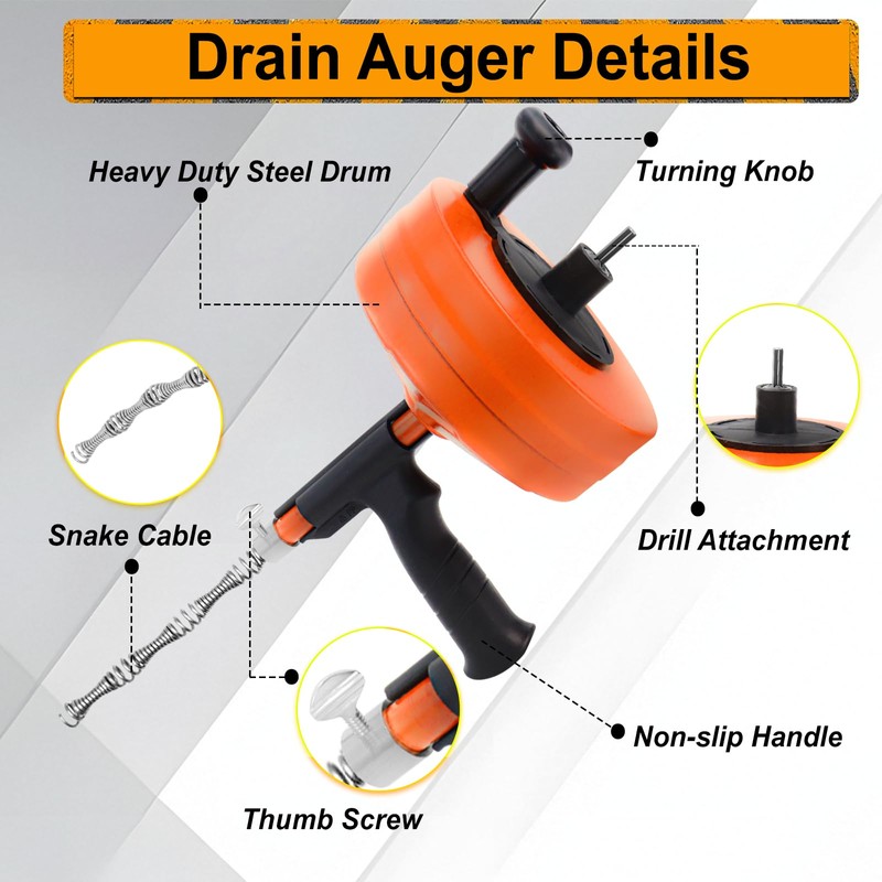 Drain Auger 50FT, Drain Snake with Drill Adapter, Plumbing Snake