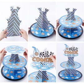 HAPPARTY Blue Cookie Milk Cupcake Stand Tower Dessert Holder 1Pcs with Cupcake Toppers 24Pcs for Boy Cookie Milk Birthday Baby Shower Party Favor Decorations Supplies