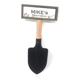"Welcome to Mike's garden" hanging shovel sign