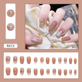 24Pcs French Manicure False Nails Glossy Long Ballerina Stick on Nails Nude Press on Nails with Diamonds Designs Full Cover Artificial Nail Tips with Glue Included for Women and Teen Girls (Flowers)