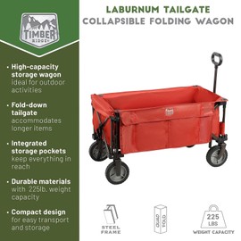 TIMBER RIDGE Tailgate Collapsible Folding Wagon Cart, Heavy Duty Utility Push Pull Beach Wagon Foldable, Outdoor Grocery Cart with Side Pockets for Camping, Garden, Shopping, Holds 225 lbs, Red