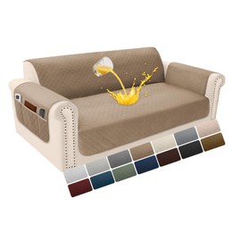 YUEVELLA Velvet 100% Waterproof Loveseat Covers Washable Love Seat Couch Covers for 2 Cushion Couch Sofa Pet Friendly Sofa Slipcovers Dogs Furniture Protector with Pockets (Medium-XL, Light Brown)